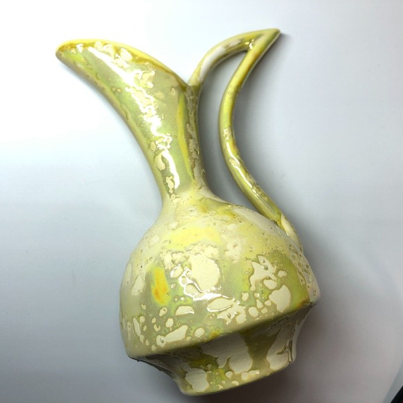 MCM Pottery Vase 7" Green Yellow Luster Weeping Drip Glaze Ewer 50s 60s Pitcher - Picture 3 of 9